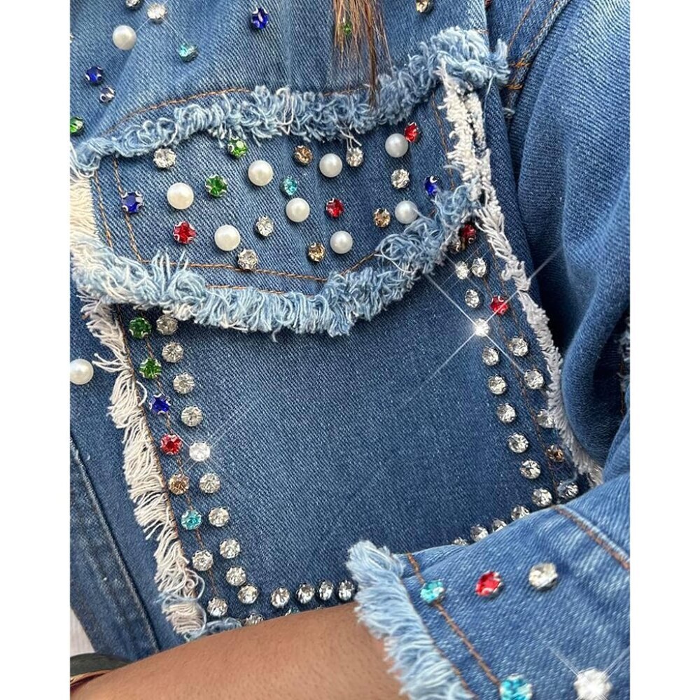 Women's Oversized Denim Jacket with Sequin Pockets Casual Outerwear - Picture 4 of 6